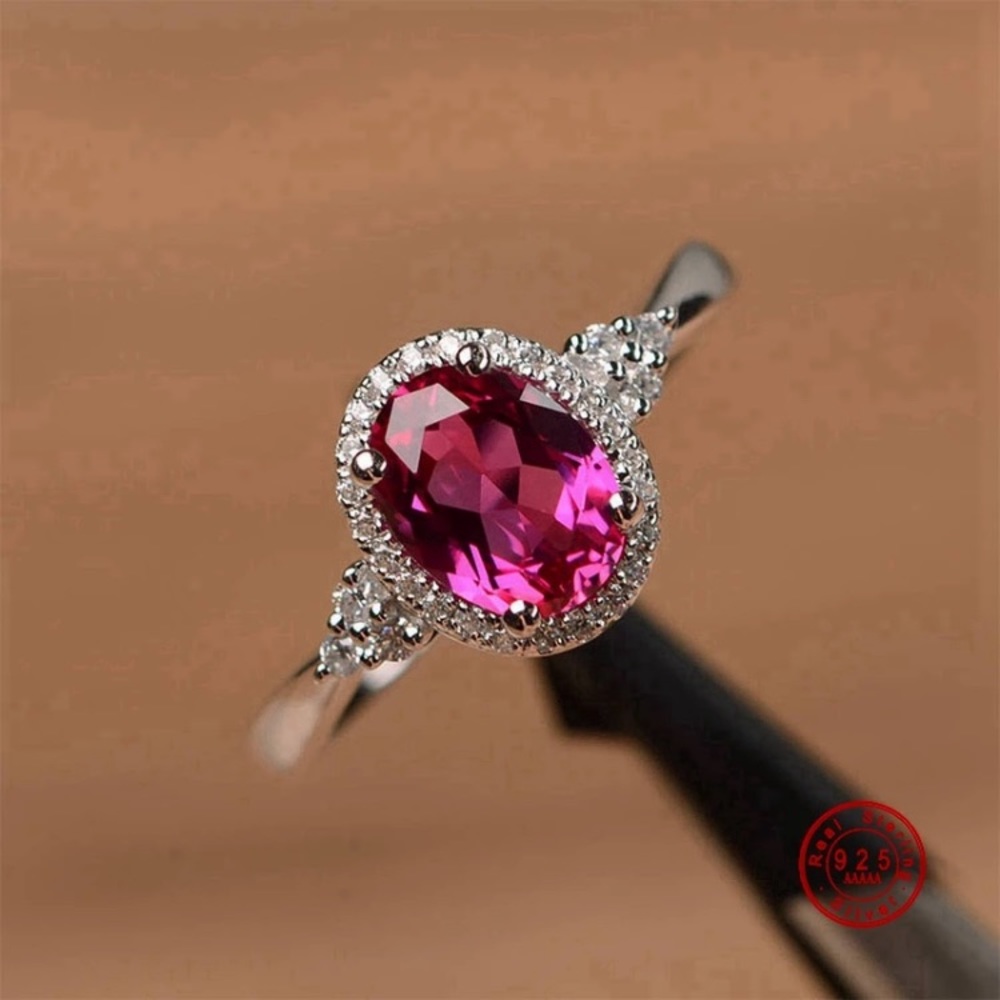 Silver Red Oval Micro Pave Crystal Ring - Picture 2 of 4